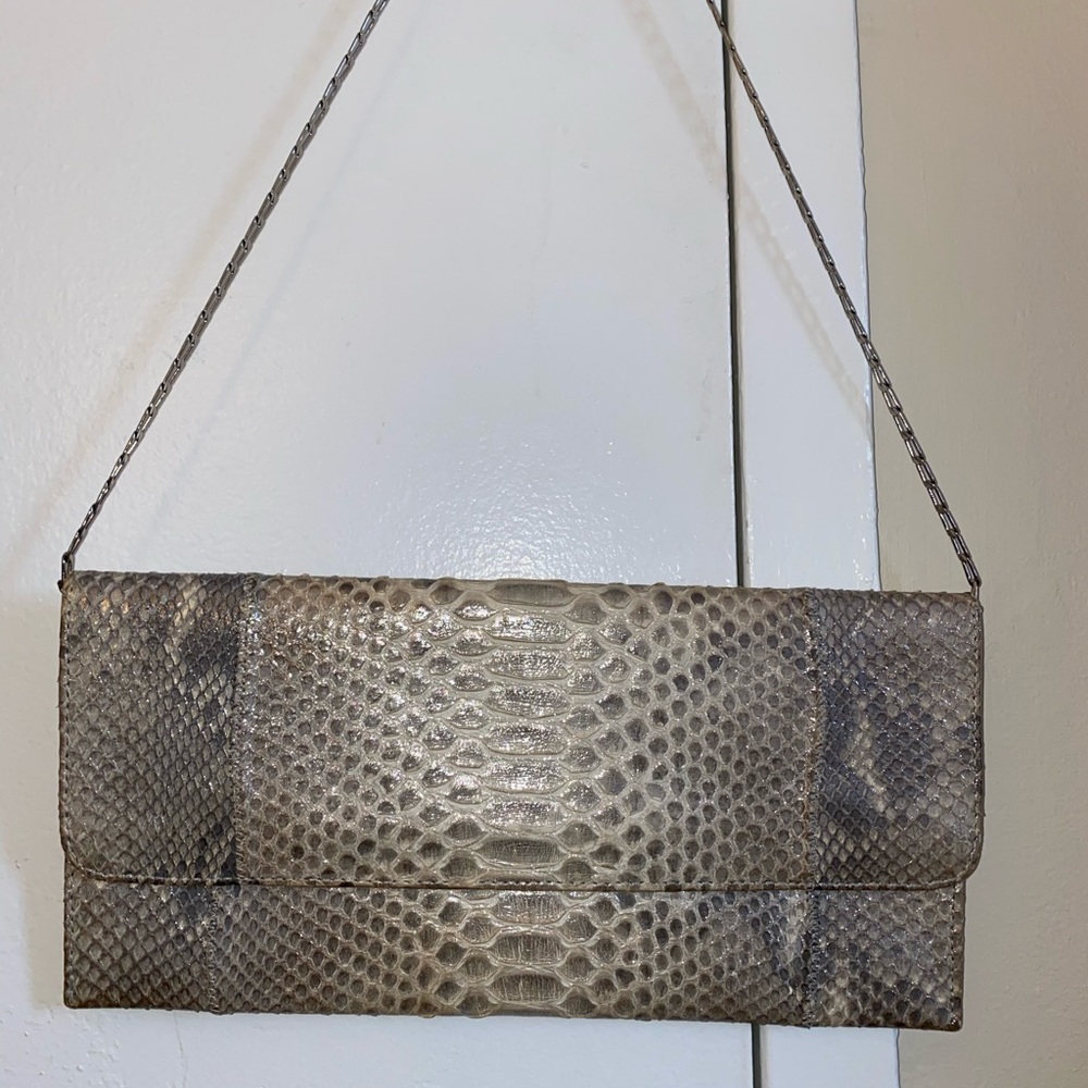Carlos Falchi Python Silver/Metallic Flap Clutch